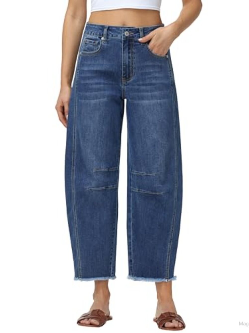 High Waisted Barrel Jeans Raw Hem Cropped Denim Pants